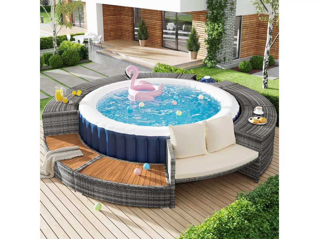 Salon de jardin avec un canapé rond, coussins beige et rangement, pieds réglables, pour piscine gonflable - 283x283x55cm
