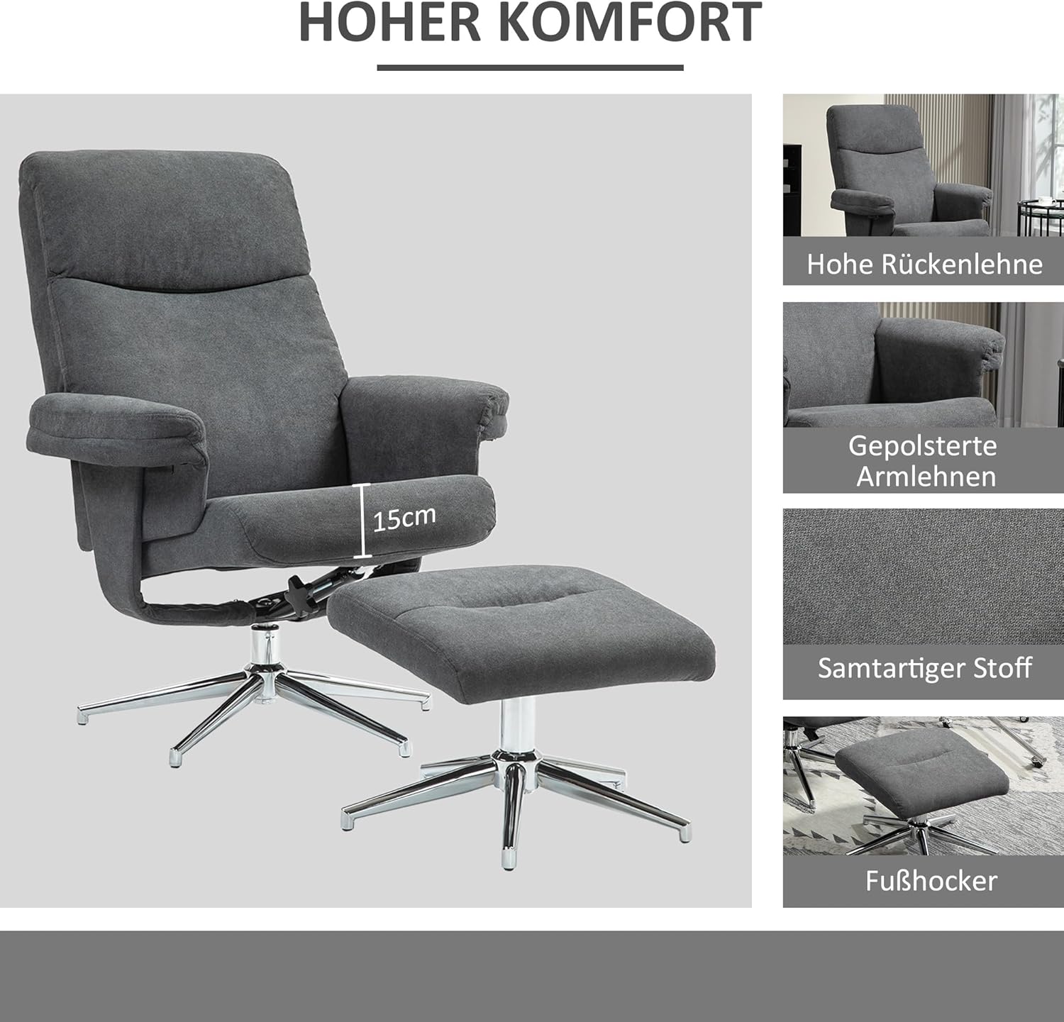 HOMCOM Relaxsessel mit Hocker, Fernsehsessel mit Liegefunktion Polstersessel für Wohnzimmer, Schlafzimmer, Samt, Dunkelgrau