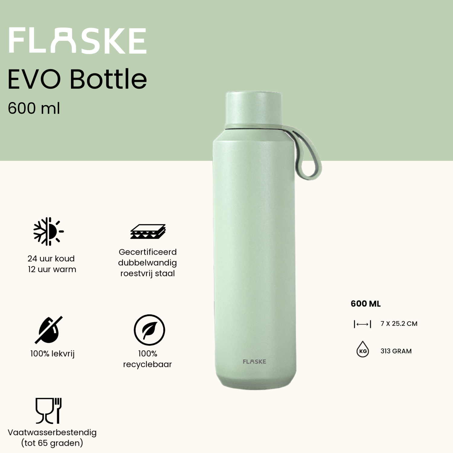 FLASKE 600 ml RVS Drinkfles - Olive