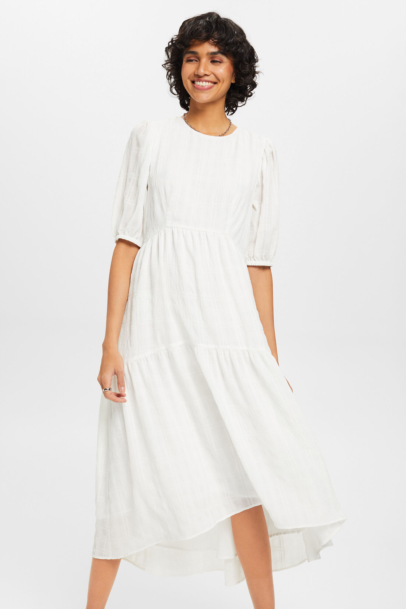 Vestido longo com painéis em tecido texturizado - Branco