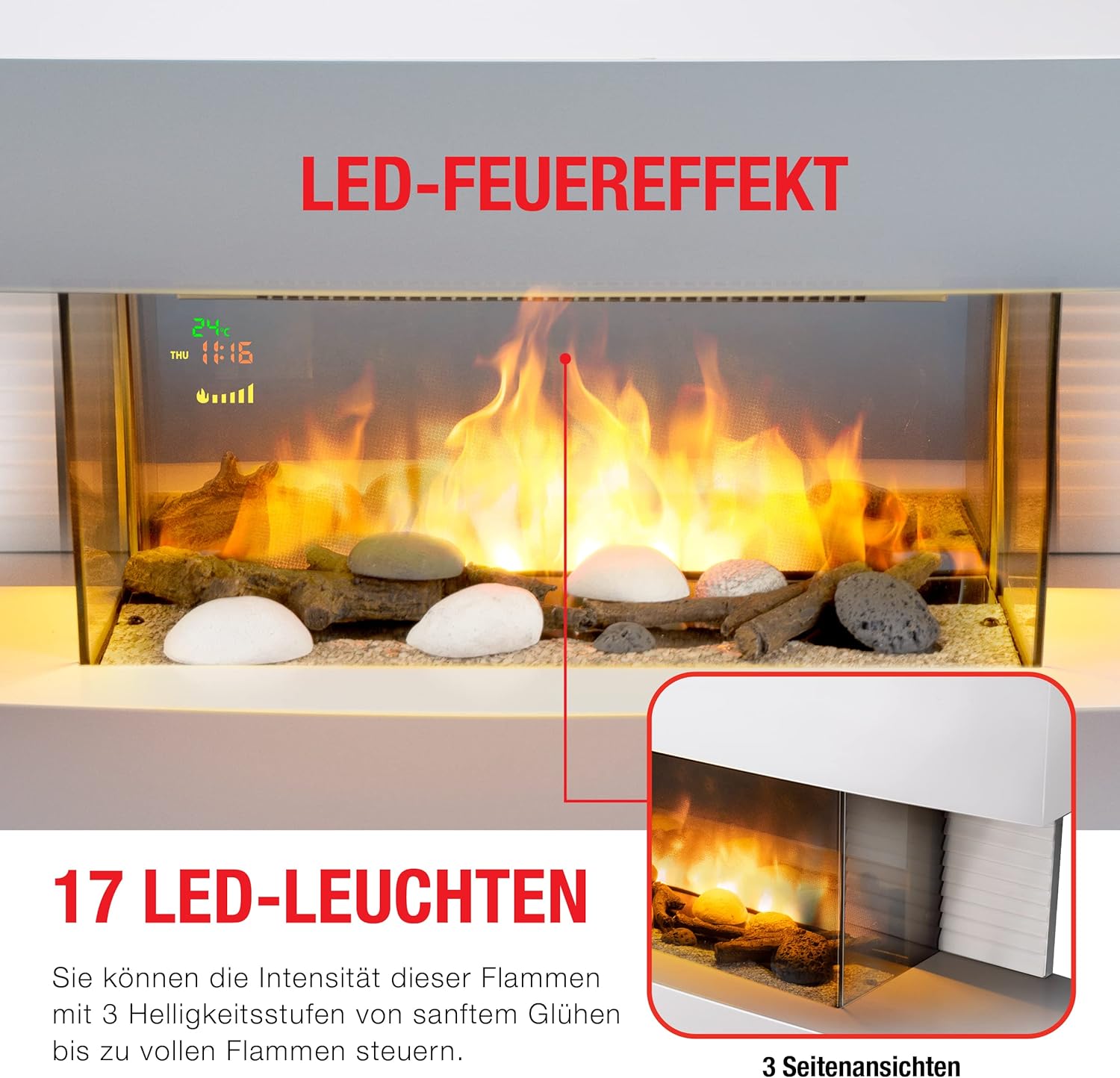 Elektrokamin - Toronto - 230V/2000W - Weiß - Kamin - mit Fernbedienung - LED-Flammeneffekt
