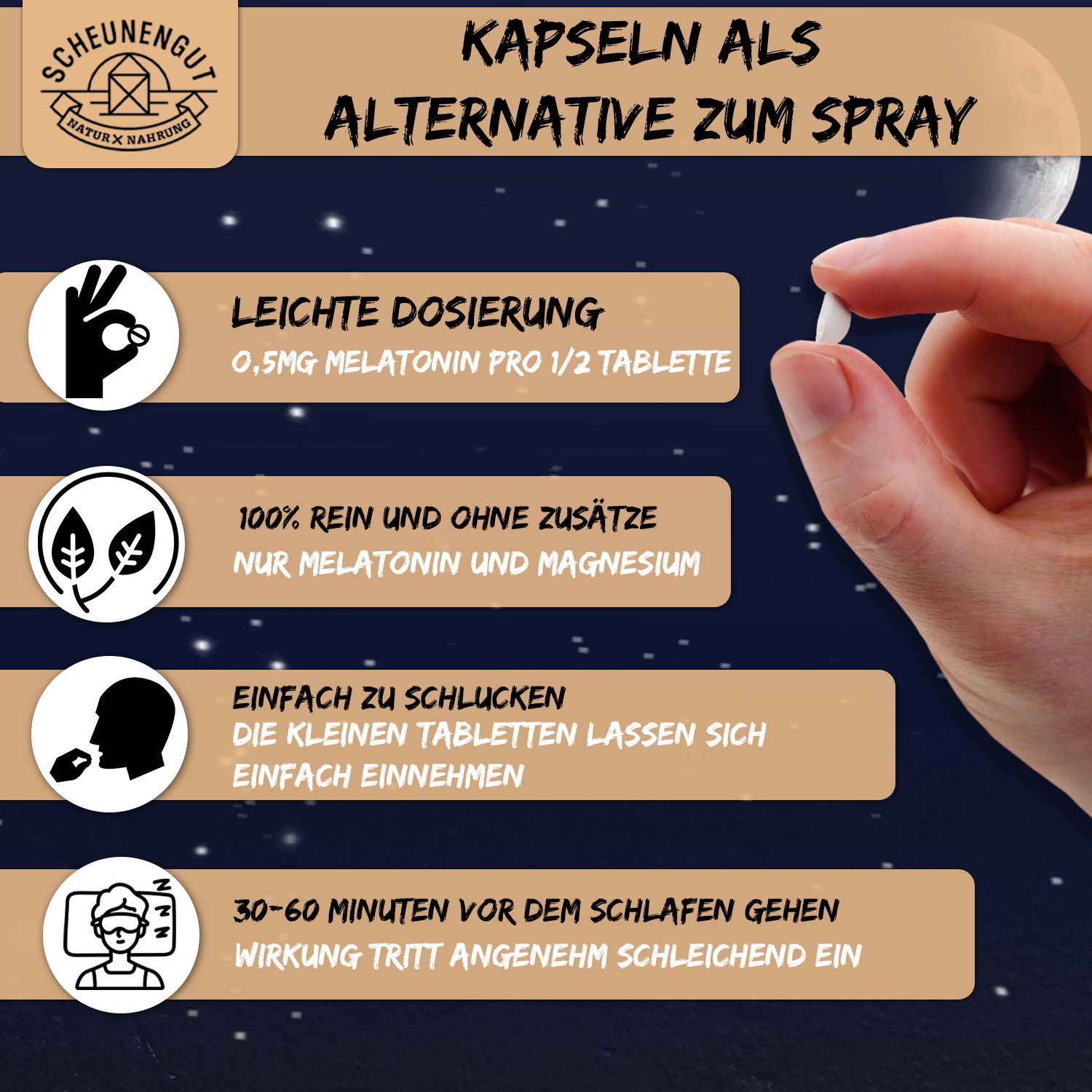 Scheunengut® Melatonin | Schlafkomplex mit 1mg Melatonin pro Tablette | 100% natürlich