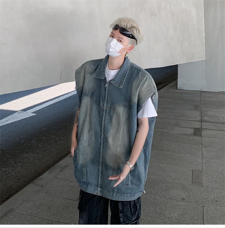 Hushgrain - Gewassen denim vest met kraag en rits