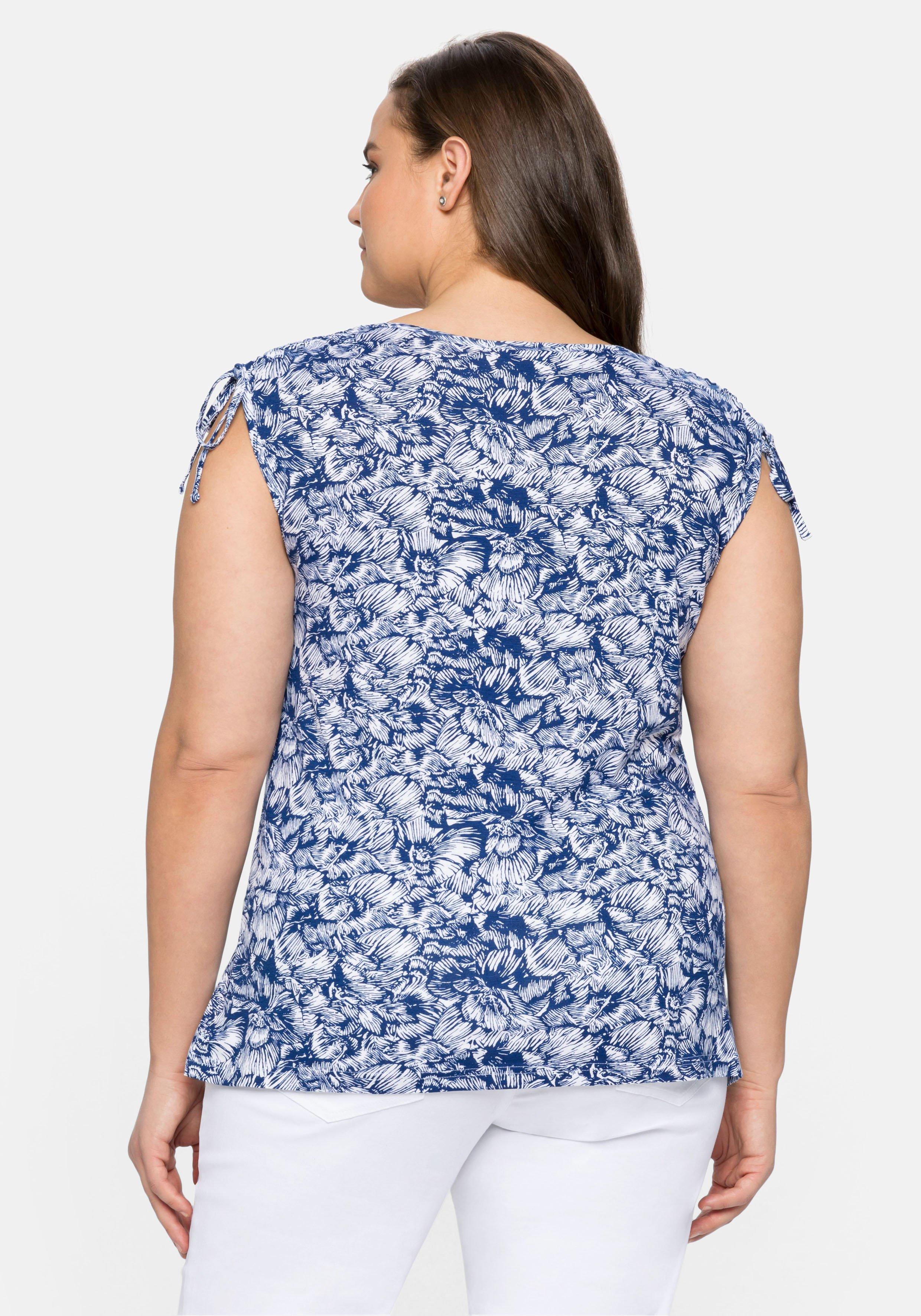 Jerseytop mit Blumenprint und geraffter Schulte
