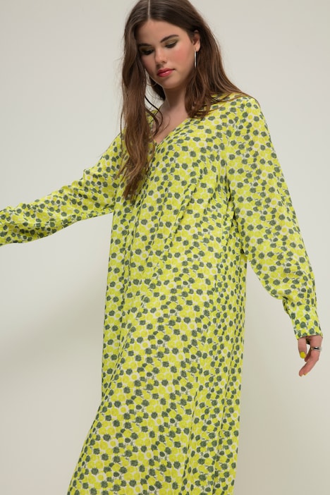 Maxikleid, A-Line, Allover-Print, V-Ausschnitt, Knopfleiste