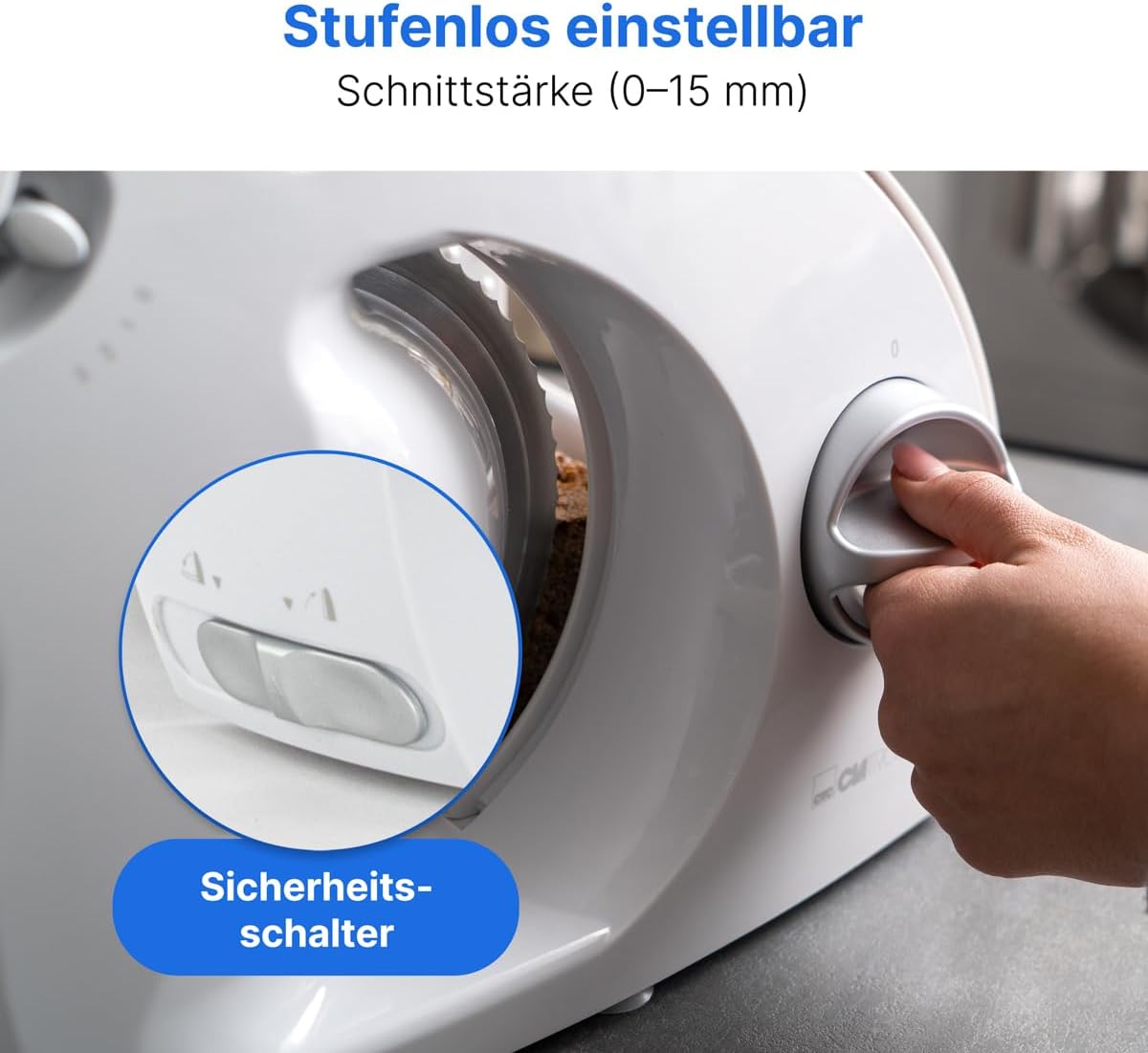 Clatronic® Allesschneider | 3 Stufen | Brotschneidemaschine mit Edelstahl Spezialmesser | stufenlos einstellbare Schnittstärke | 180 Watt | Fingerschutz | für Obst, Brot, Käse uvm. | AS 2958 weiß