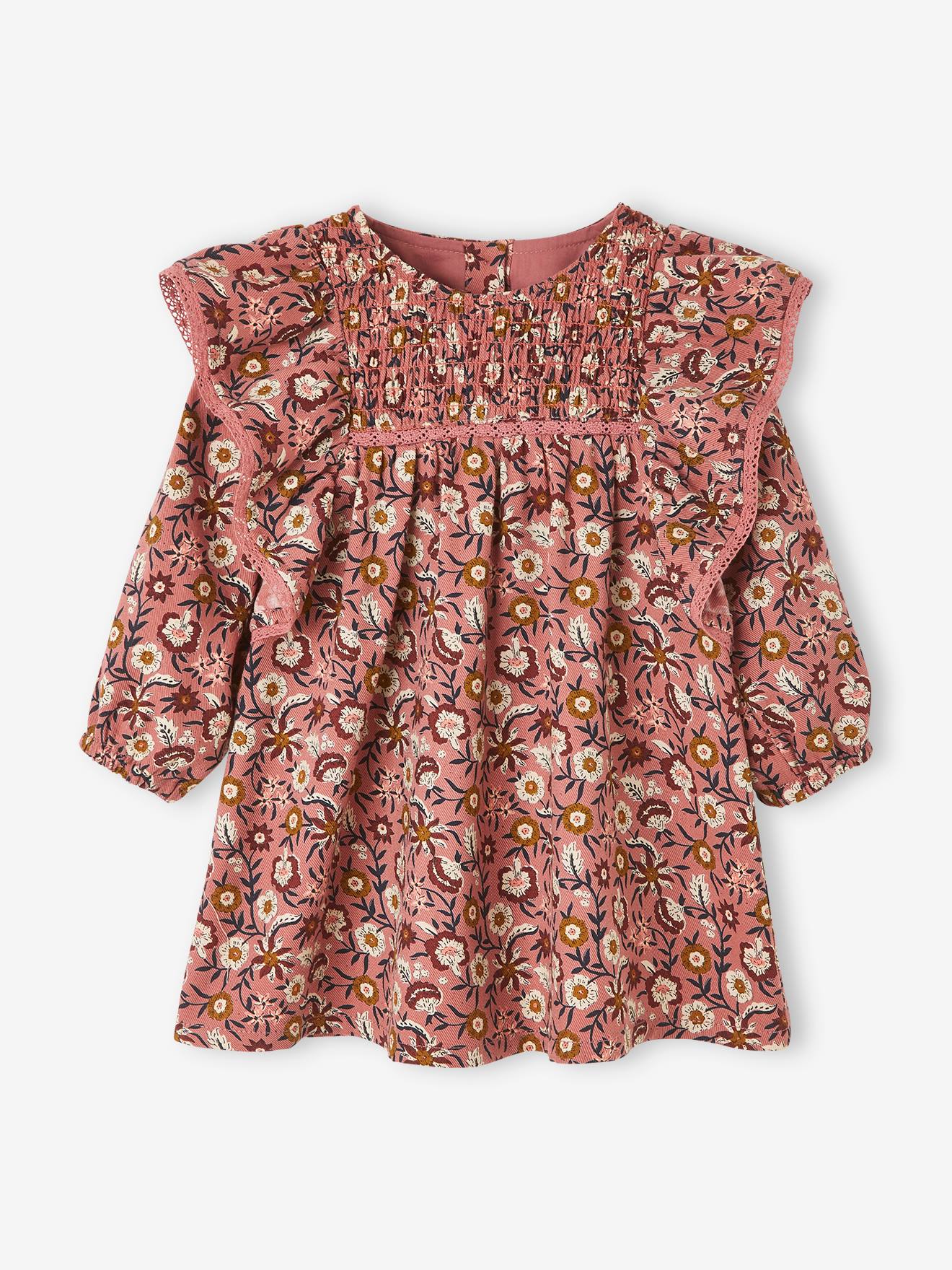 Vestido floral com detalhes franzidos, estampa marrom bebê médio