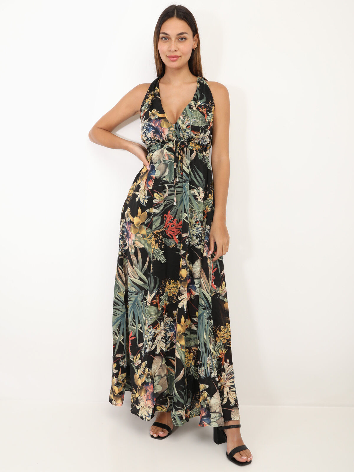 Robe longue fleurie décolletée- Noir