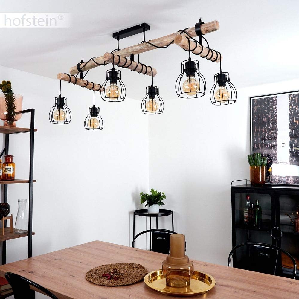 Deckenleuchte Gondo, 6-flammige Zimmerlampe aus Metall in schwarz und naturfarbenen Holz, Leuchtenköpfe sind individuell einstellbar, Deckenlampe im Retro/Boho Style, 6 x E27, ohne Leuchtmittel