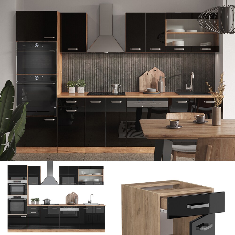 Vicco Küchenzeile R-Line Solid Eiche Schwarz 300 cm modern Küchenschränke Küchenmöbel