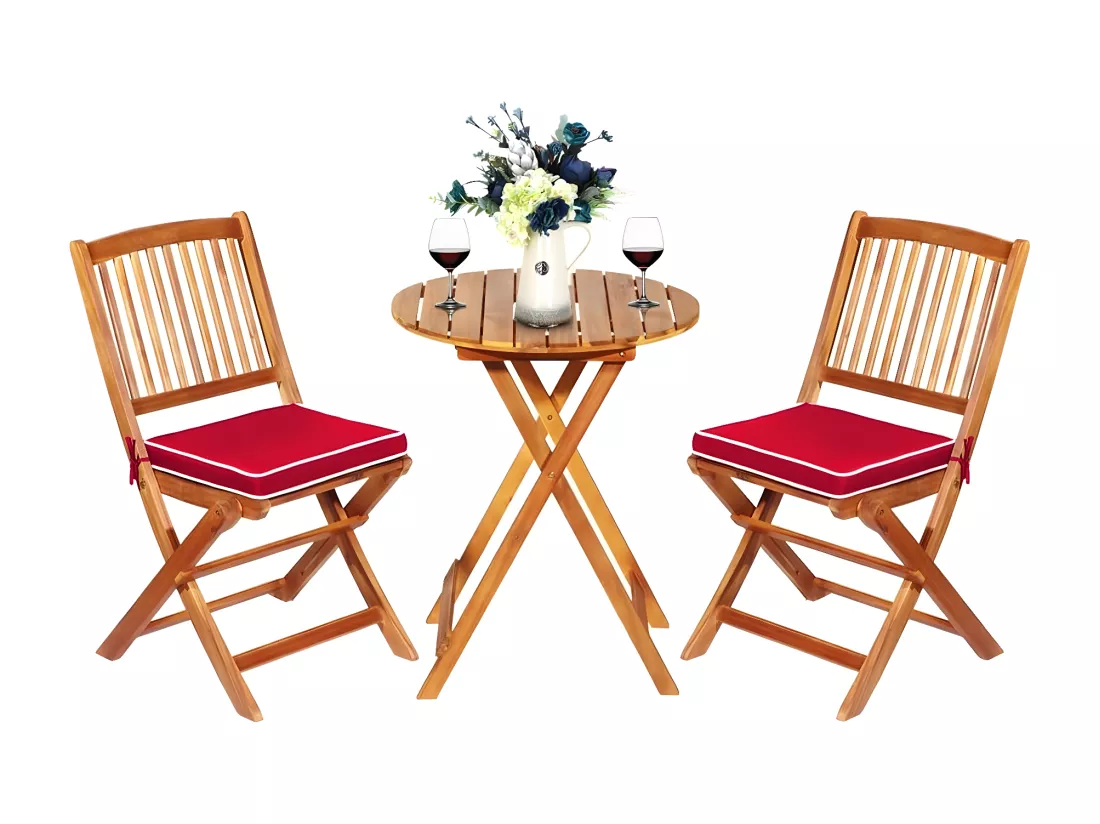 Ensemble de Table et Chaises en Bois d’Acacia, Comprenant 1 Table et 2 Chaises, Coussins Rembourrés, Ensemble de Mobilier de Terrasse pour Intérieur et Extérieur (Rouge+Naturel)