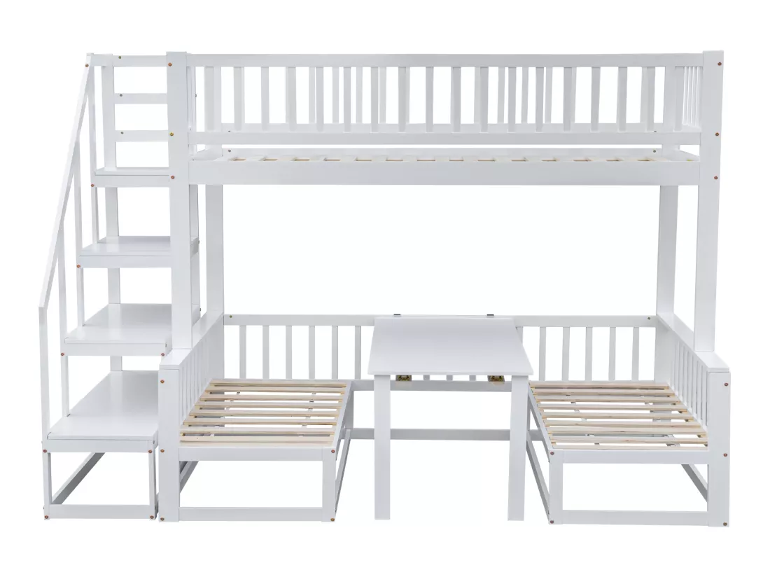 Lit mezzanie 90x200cm+120x200cm en pin massif avec table et canapé + sommiers à lattes - Blanc