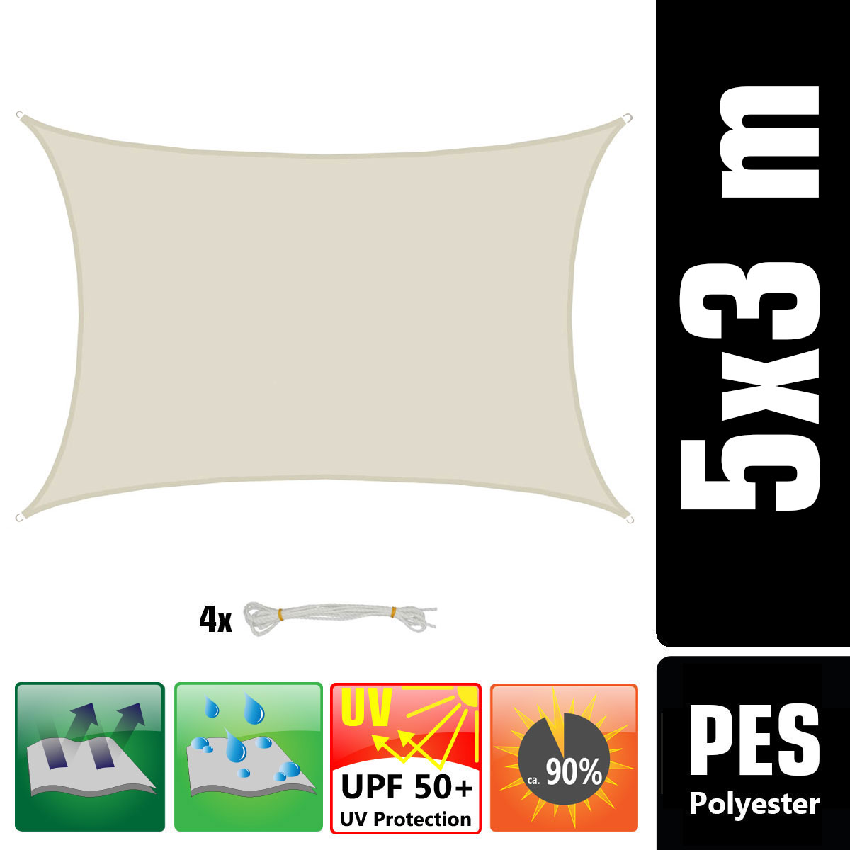 AMANKA 3x5 waterdicht beige schaduwdoek met bevestigingsset