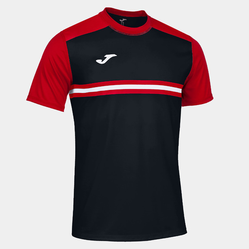Camiseta Joma Hispa IV de manga curta, preta e vermelha.
