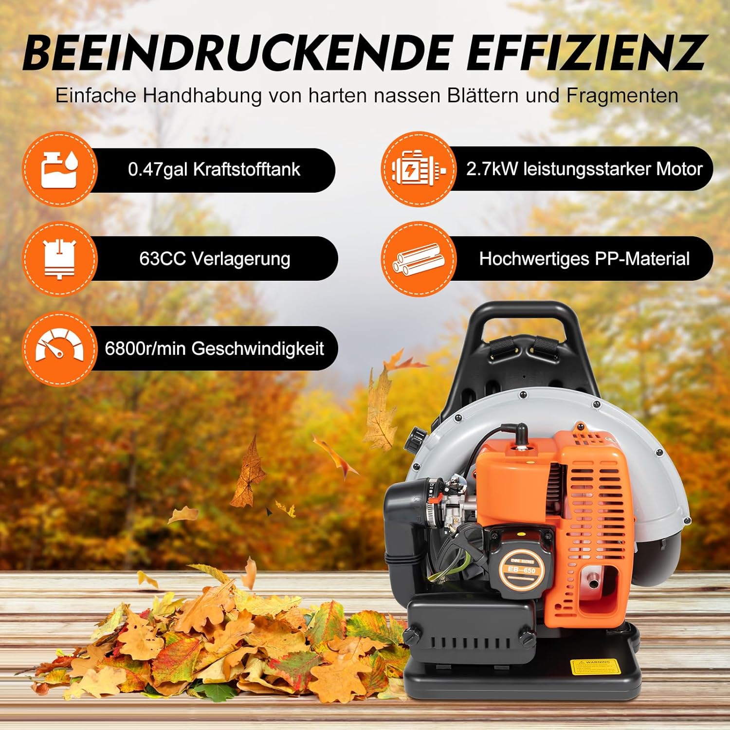 Benzin Laubbläser | 2-Takt 3,6PS 65ccm mit 1,8L Tank | Kabelloser Rückenbläser | Ventilator Gartenbläser | Rucksack-Motorbläser | Luftgekühlt Laubgebläse Einzylinder Bläser für Terrassen Gärten