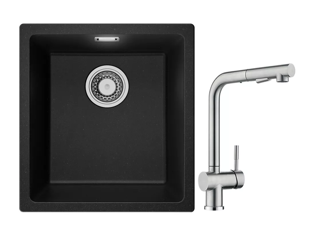 CECIPA MAX Evier 1 Bac en Quartz et Résine Noir Gris 40*44*20cm + Robinet Cuisine avec Douchette, Mitigeur Extractible Brossé