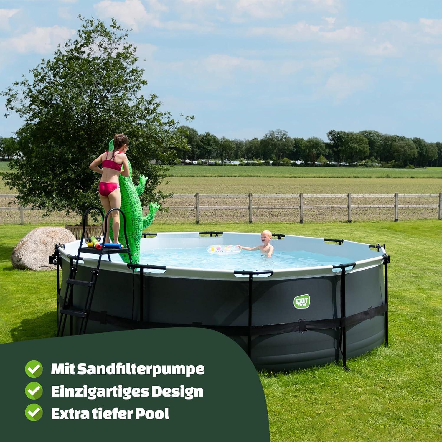 EXIT Toys Black Leather Pool - ø488x122cm - Großer, Runder Rahmenpool mit Sandfilterpumpe - Extra tiefer Pool - Starker Rahmen - Inklusive Poolleiter - Einzigartiges Design - Schwarz
