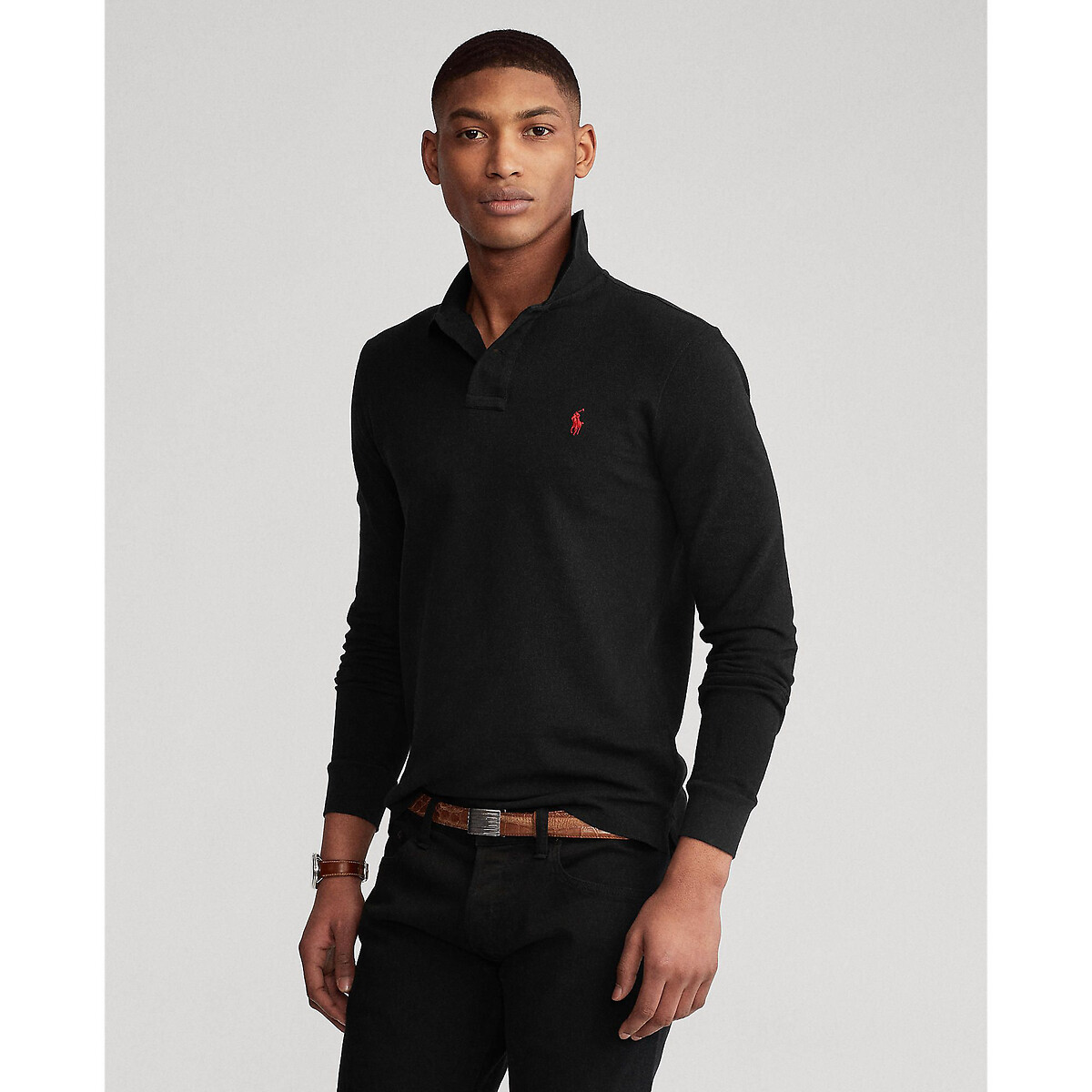 POLO RALPH LAUREN<br>Polo de manga comprida com corte justo em piqué