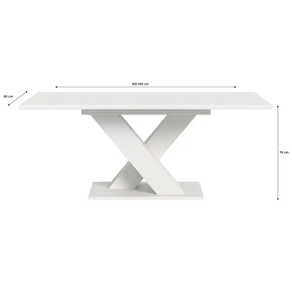 Hioshop Motion eetkamertafel X-poot 90x150/190cm incl 1 verlengblad wit