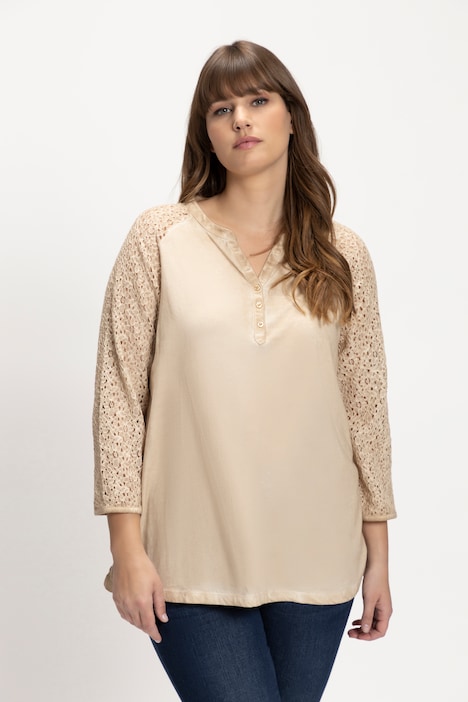 Shirt, A-Linie, Tunika-Ausschnitt, 3/4-Spitzenärmel