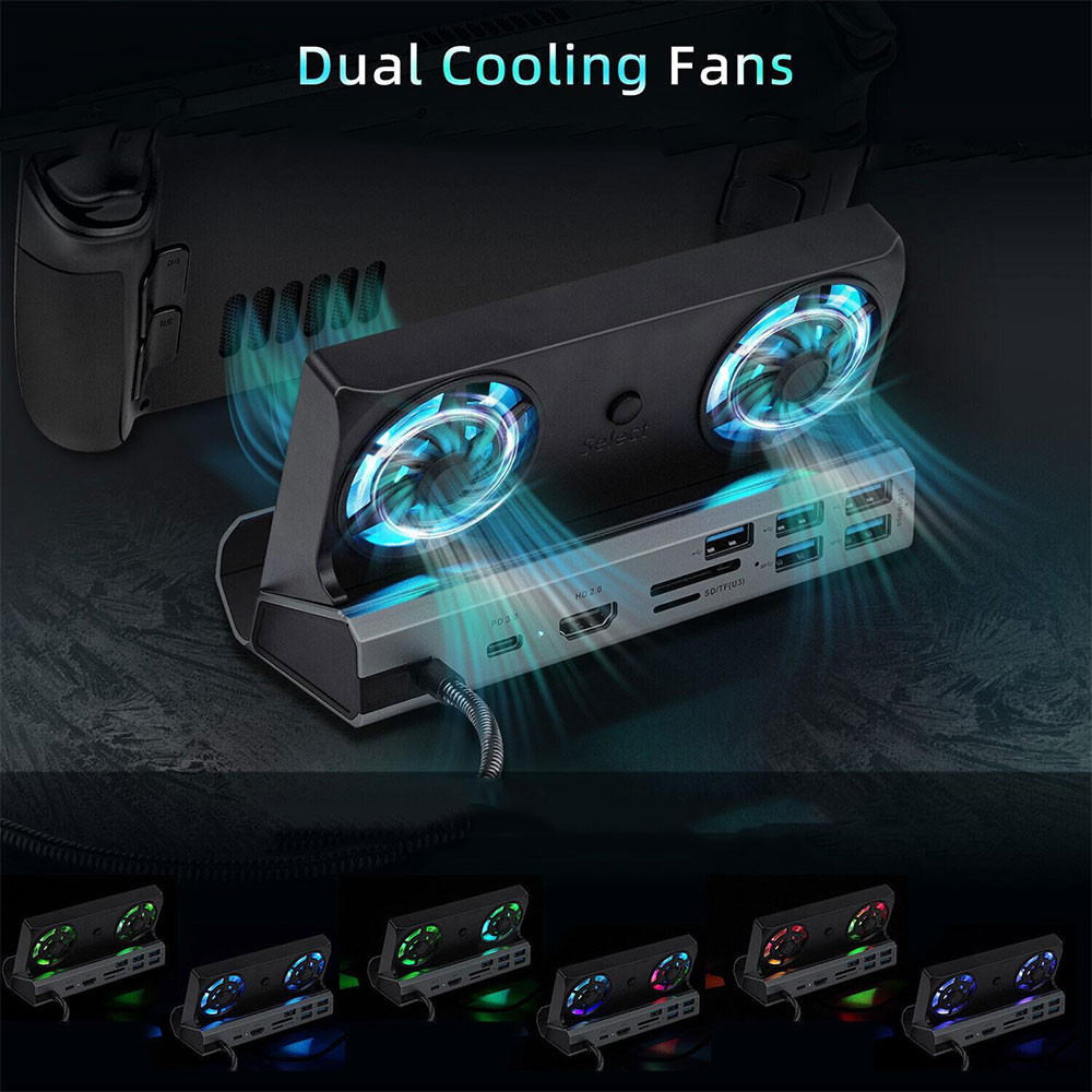 Steam Deck / OLED Dockingstation Ladegerät Charging Dock Stand mit Dual LED Lüfter / HDMI 4K@60Hz / USB C PD 100W / LAN / 5x USB A / SD Karten Slot