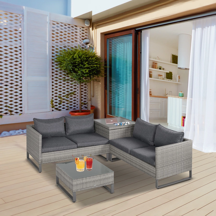 Outsunny Polyrattan Sitzgruppe mit Beistelltisch und Sitzpolstern, 4-teilig Grau