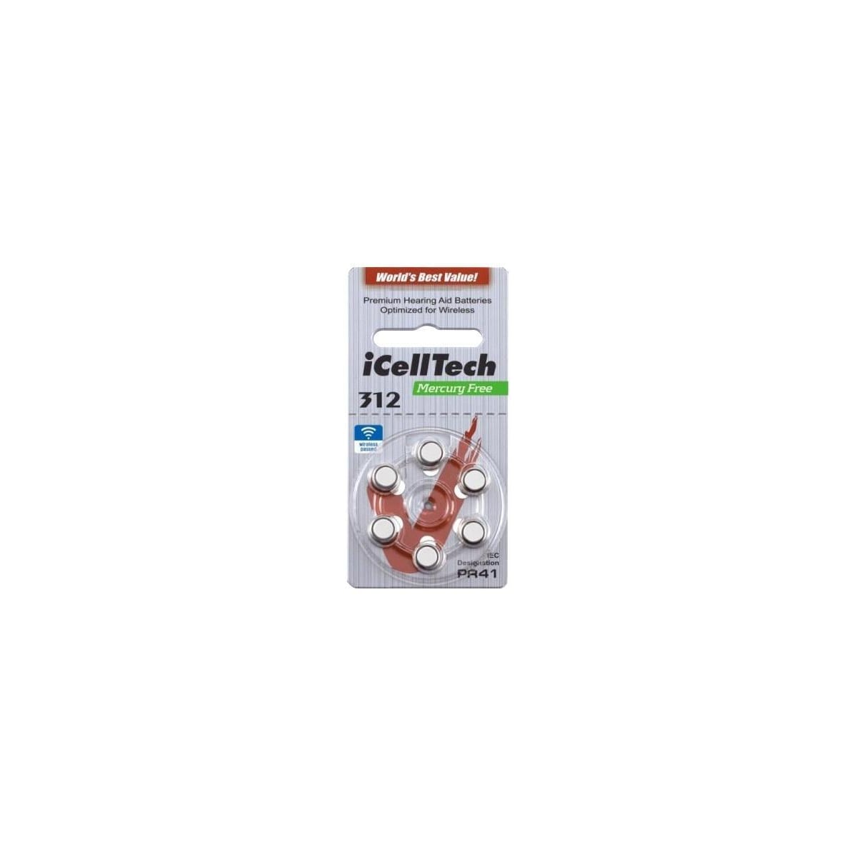 iCellTech 312 PR41 Zinc-Air batteries, Mercury Free, 1.1V, 6-pack