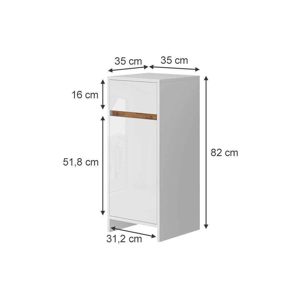 Vicco Midischrank Detmold Weiß Eiche 35 x 82 cm mit Tür und Schublade