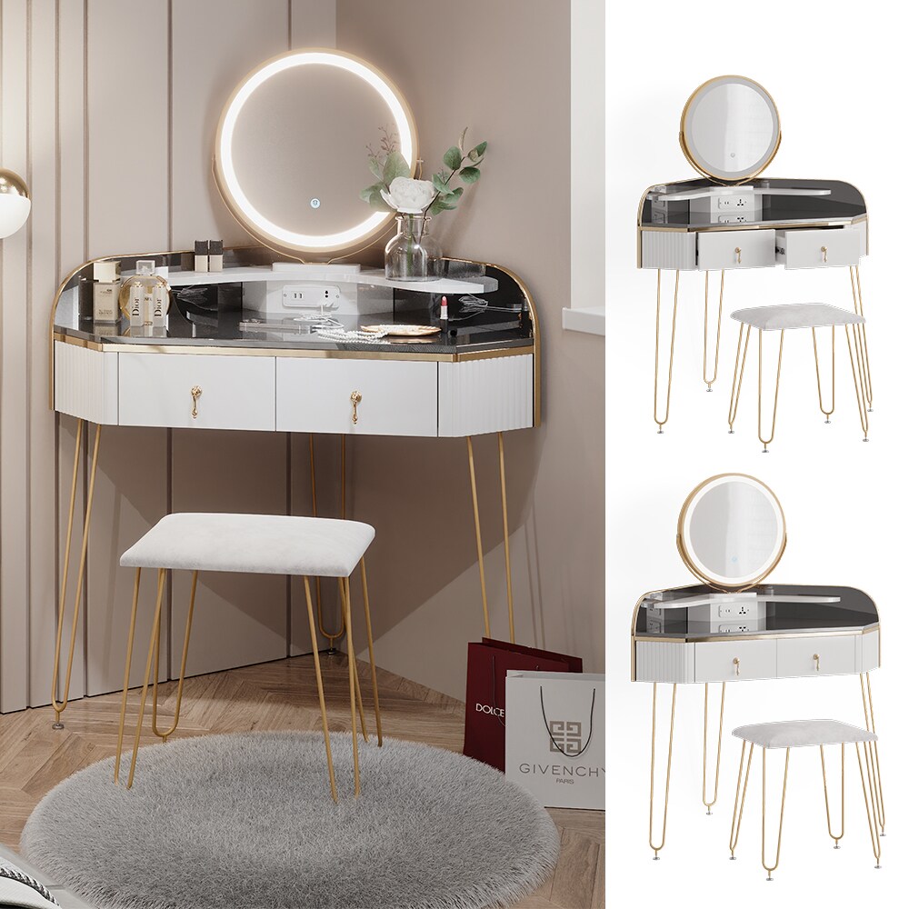 Vicco Eckschminktisch Amira mit LED-Spiegel, Hocker und USB-Anschluss in weiß