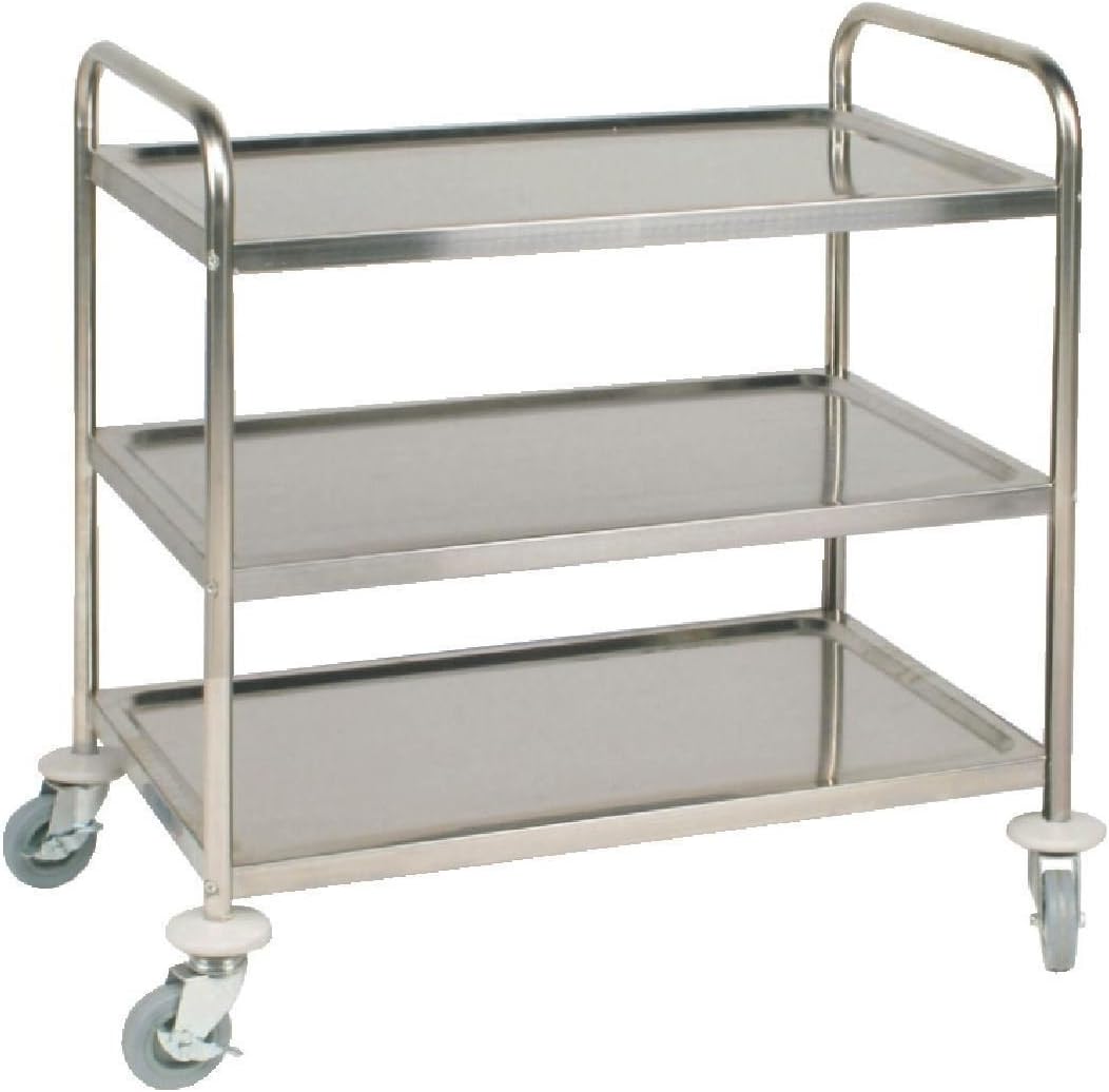 Vogue Edelstahl 3-stöckiger Abräumwagen - Groß, Größe: 930(H)x535(B)x855(T)mm, Kapazität: 128 kg, schalldämpfende EVA-Paneele, 4x leise Lenkrollen, einschließlich 2x mit Bremsen, F995