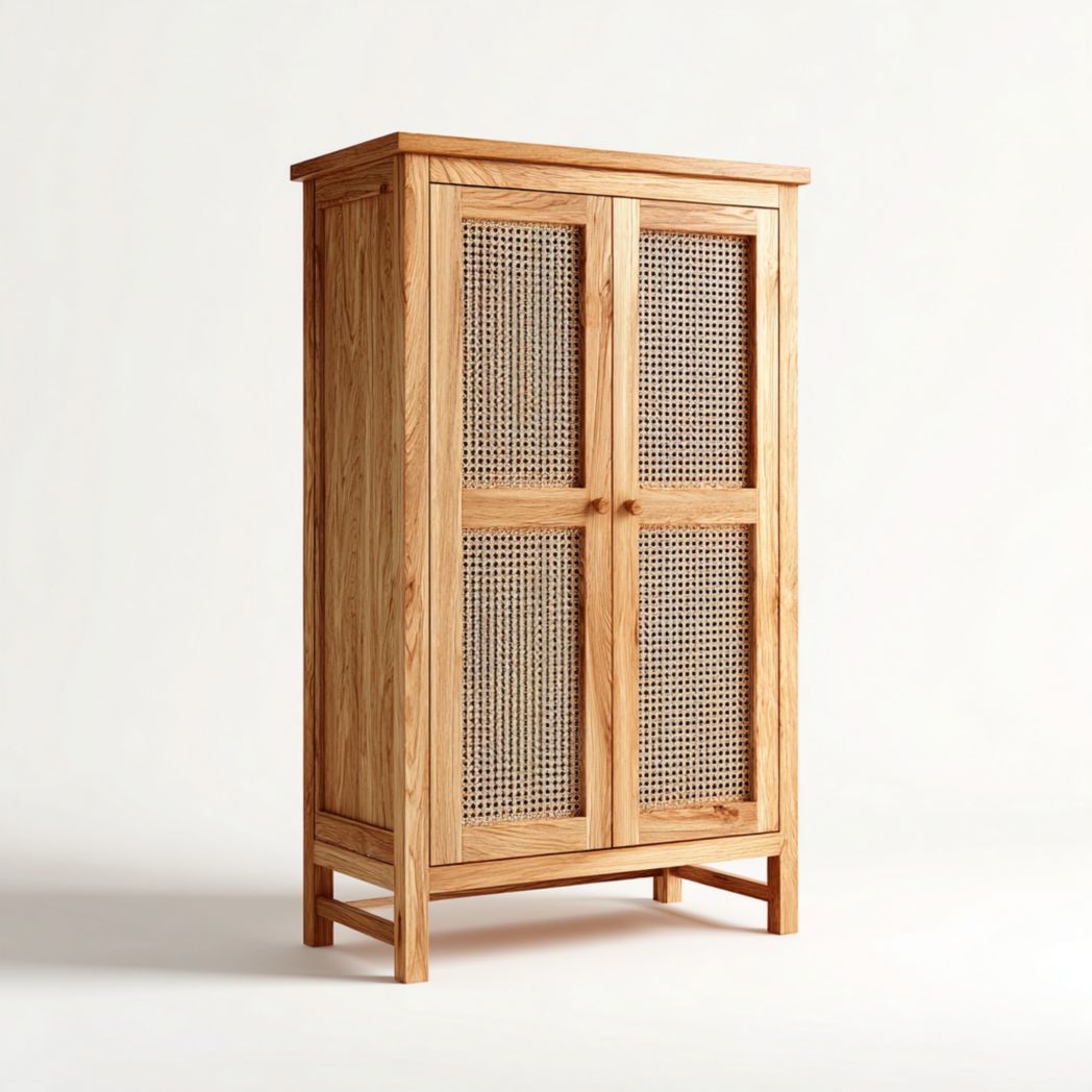 Armoire en bois 2 portes avec façades en rotin style nordique