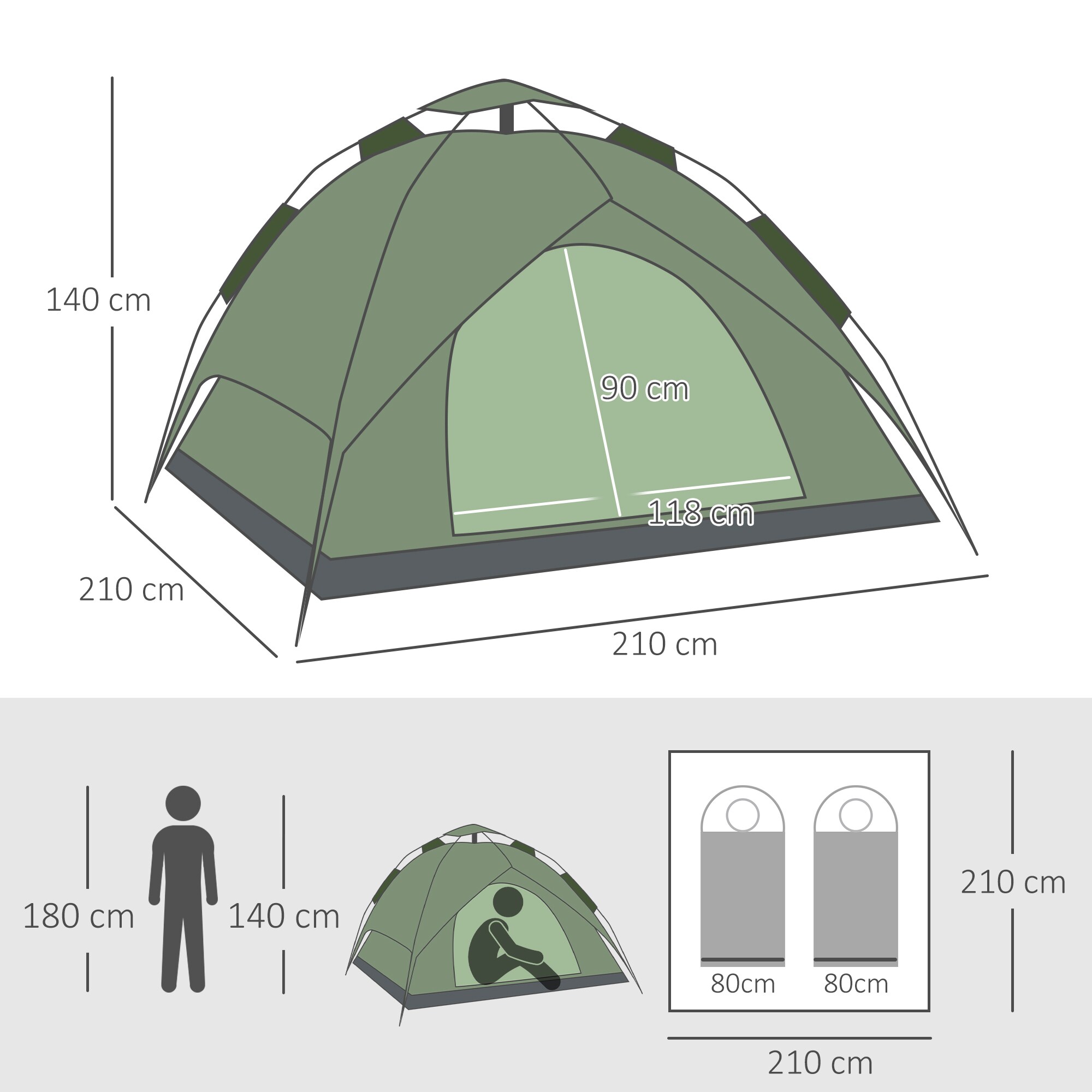 Outsunny Quick-Up-Zelt für 2 Personen + 1 Kind dunkelgrün 210 x 210 x 140 cm (LxBxH)