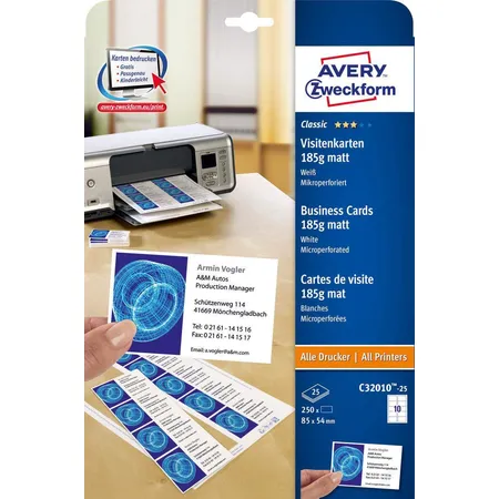 Avery Zweckform C32010-25 Classic Visitenkarten, 85 x 54 mm, beidseitig beschichtet, 250 Karten / 25 Bogen