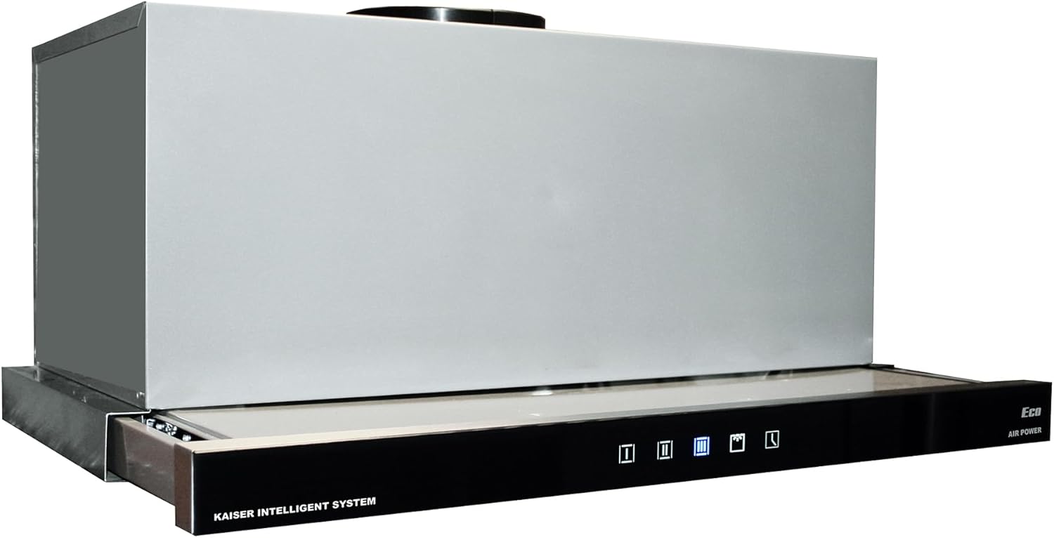 Kaiser Einbau Dunstabzugshaube EA 644 Eco Flachschirmhaube 60 cm, Edelstahl Schwarzglas, Air Power 910 m³/h, TouchControl, LED, Umluft Abluft, Metallfilter, Umlufthaube inklusive Aktivkohlefilter