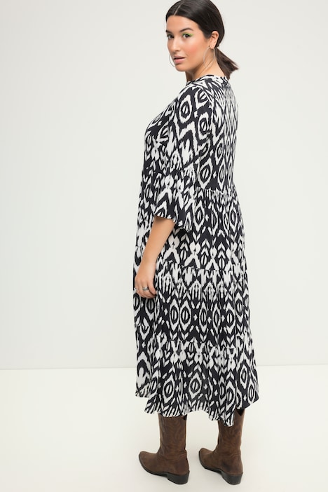 Maxikleid, A-Line, Black&White Print, Tunika-Ausschnitt, 3/4-Ärmel