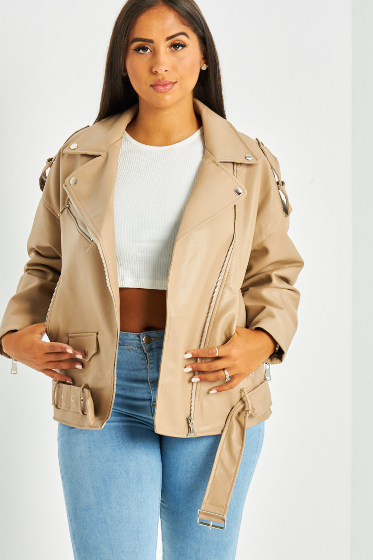 Perfecto en simili cuir taupe ceinturé