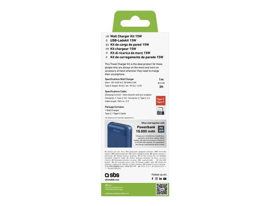 SBS - Chargeur secteur 15W et câble USB-C - USB-C