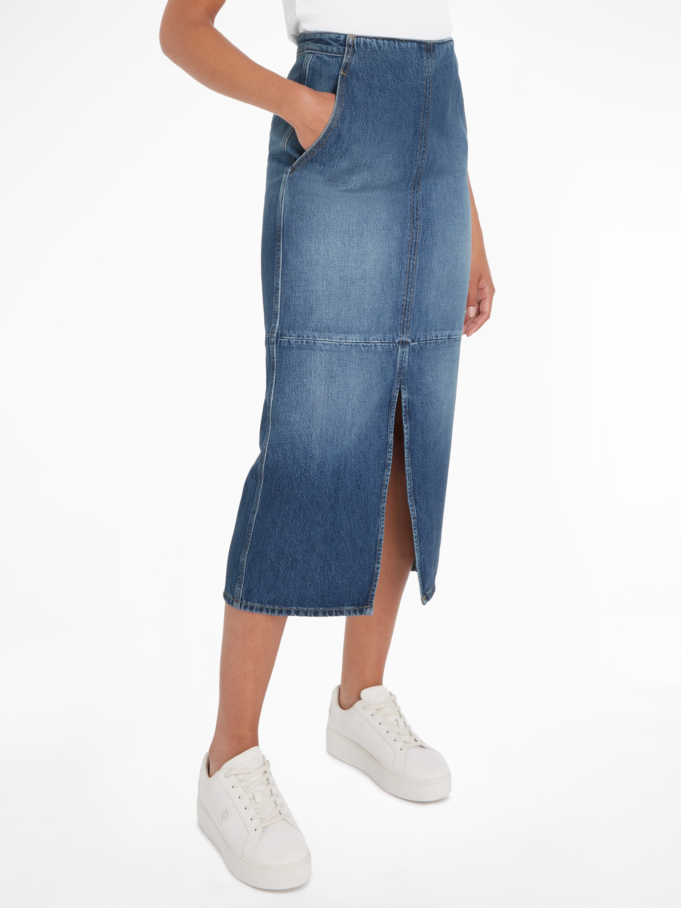 Tommy Hilfiger Bleistiftrock »DNM MIDI SKIRT HW BETH CTD« Webrock mit Tommy Hilfiger Flagge