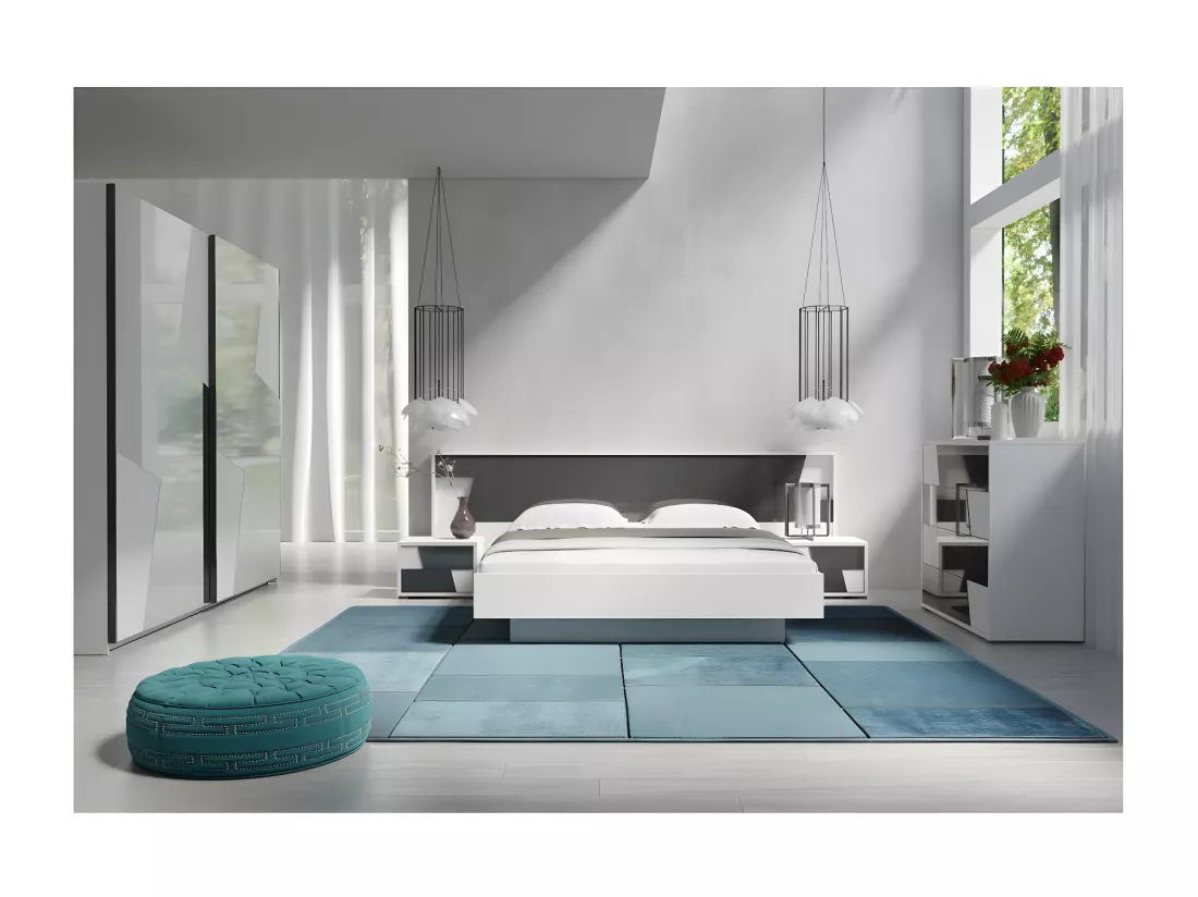 Lit FULMO 160 cm avec coffre - Coloris blanc et finition gris béton - 171 x 92 x 201 cm