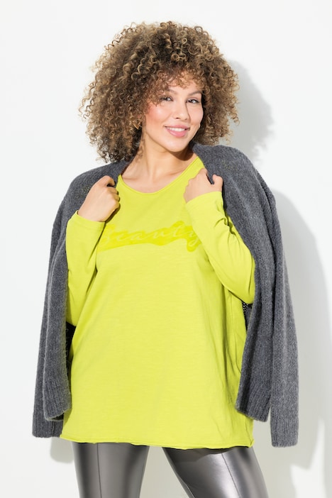 Shirt, Flockdruck, A-Linie, Rundhals, Langarm, offenkantig