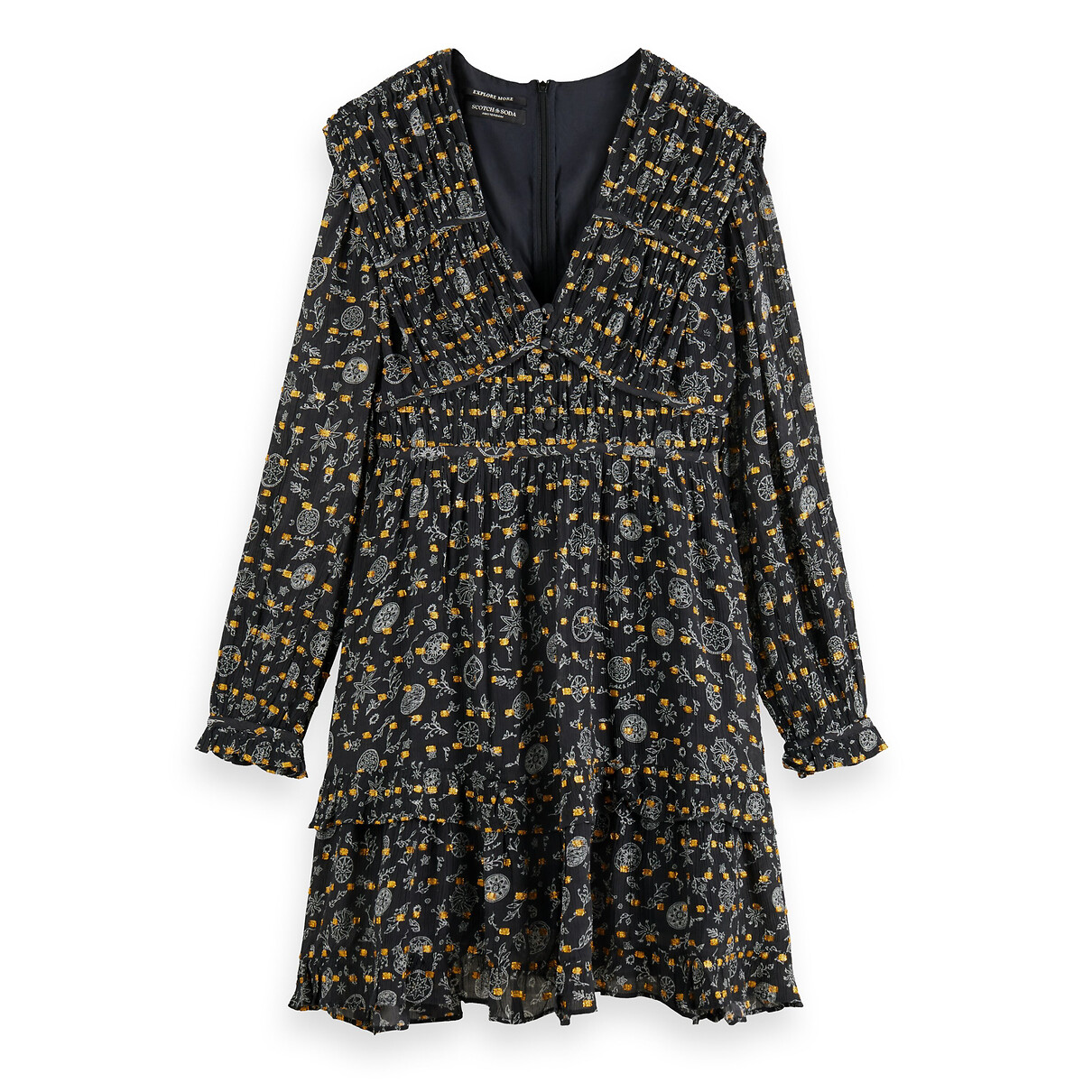 SCOTCH AND SODA<br>Vestido curto e evasê com mangas compridas