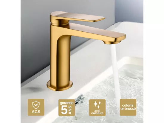Robinet Mitigeur de Lavabo anti-calcaire Bec Bas Or Brossé IMEX NAPOLES BDN047-1OC