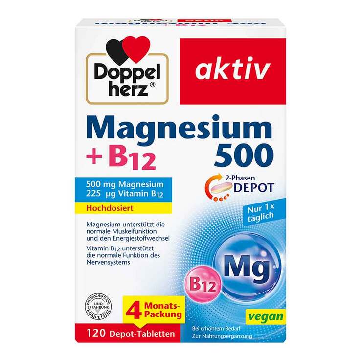 Doppelherz Magnesium 500 + B12 2-Phasen Depot Tabletten , 120 St
