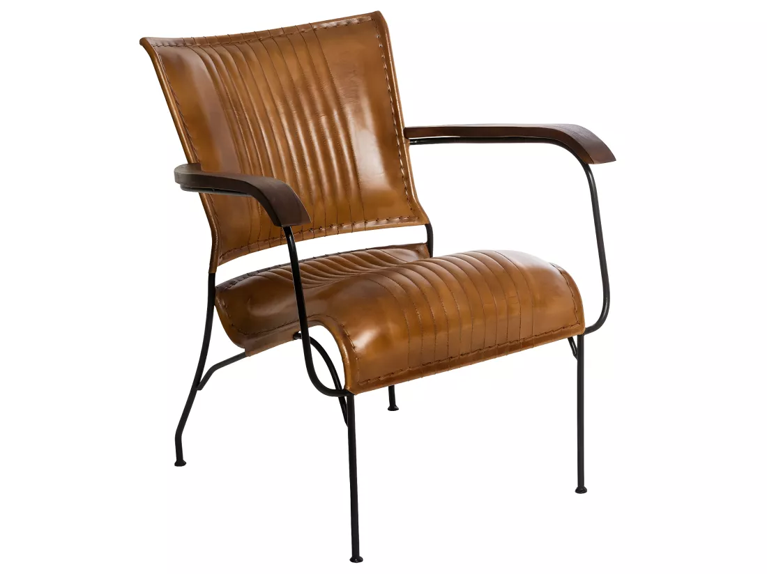Fauteuil en Métal Noir et Cuir Cognac accoudoirs en Bois de Manguier