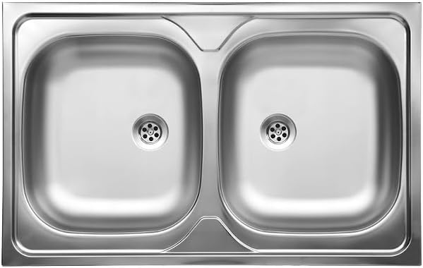 Möbel Spüle mit Unterschrank 80 cm Weiß Küchenspüle 2-Kammer & Edelstahl-Spülbecken kompakter Spülenunterschrank für Küche, Standschrank 49 cm Tiefe Siphon Montagefertig