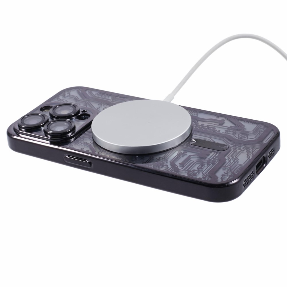 iPhone 15 Pro MagSafe Gummi Case Hülle Galvanisierter Rahmen im Mechanischen Zahnrad Design   Kameraglasschutz - Schwarz