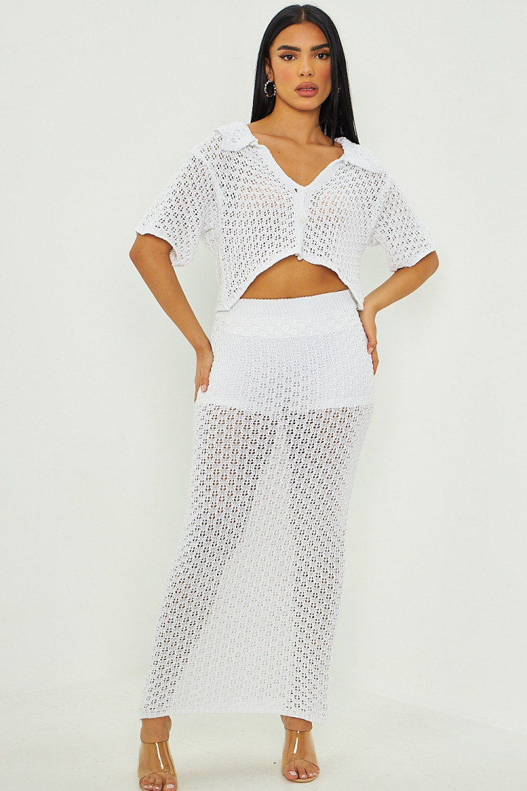 Ensemble 2 pièces chemise + jupe en crochet blanc
