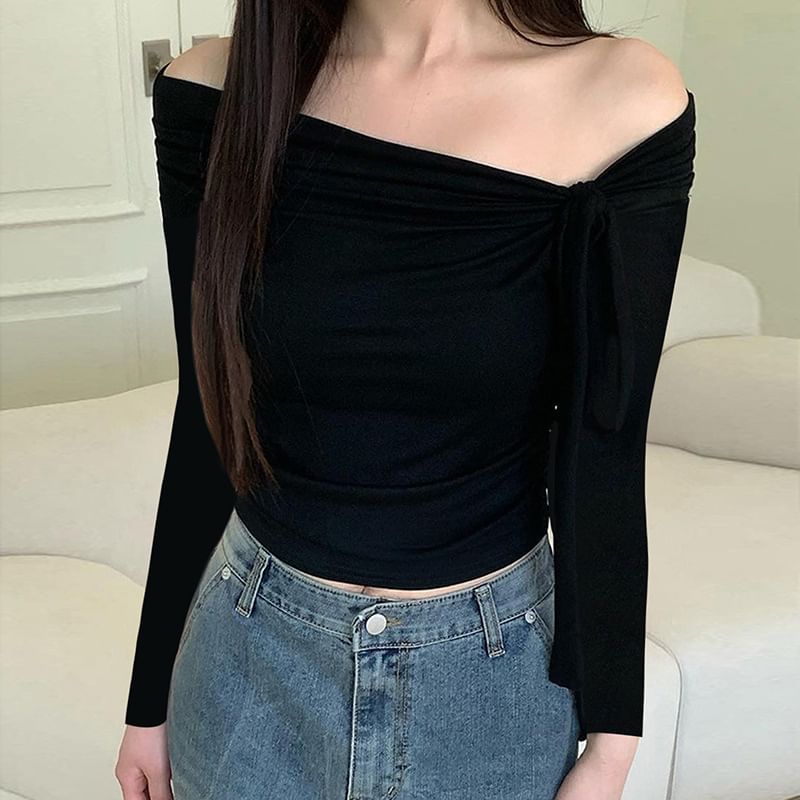Sosana - Off-shoulder crop top met korte mouwen / lange mouwen en knoopsluiting, slim-fit