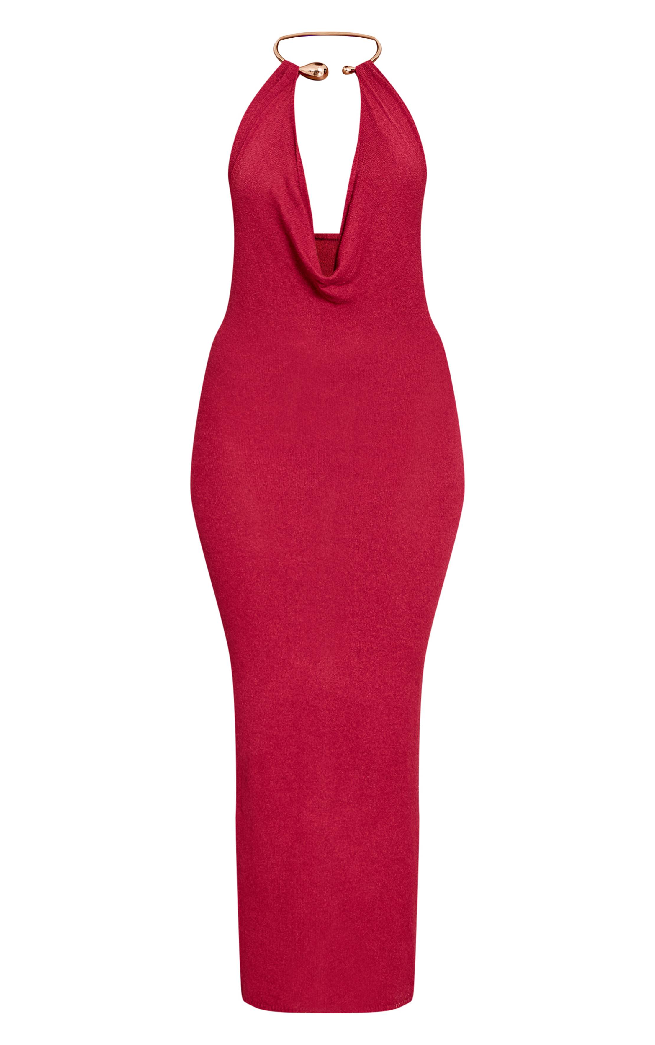 Rouge Bordeaux Robe Maxi En Maille Avec Détail Manchette Dorée