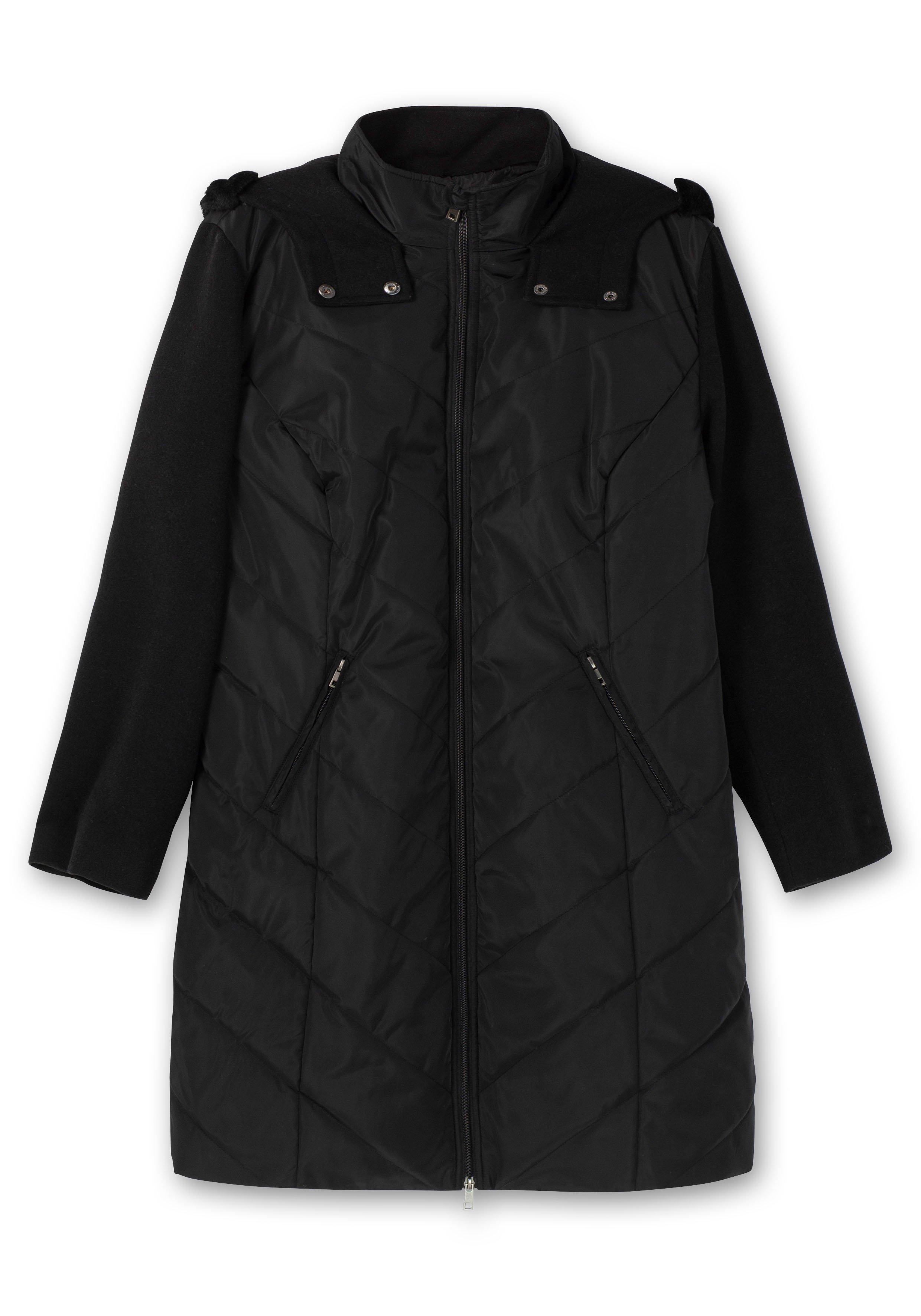 Lange Steppjacke mit Kapuze, im Materialmix